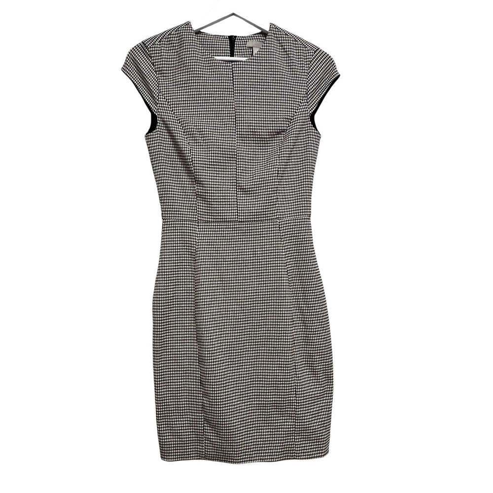H&M Sheath Dress Women Size 2 Black White Houndstooth Cap Sleeve Workwear Career
